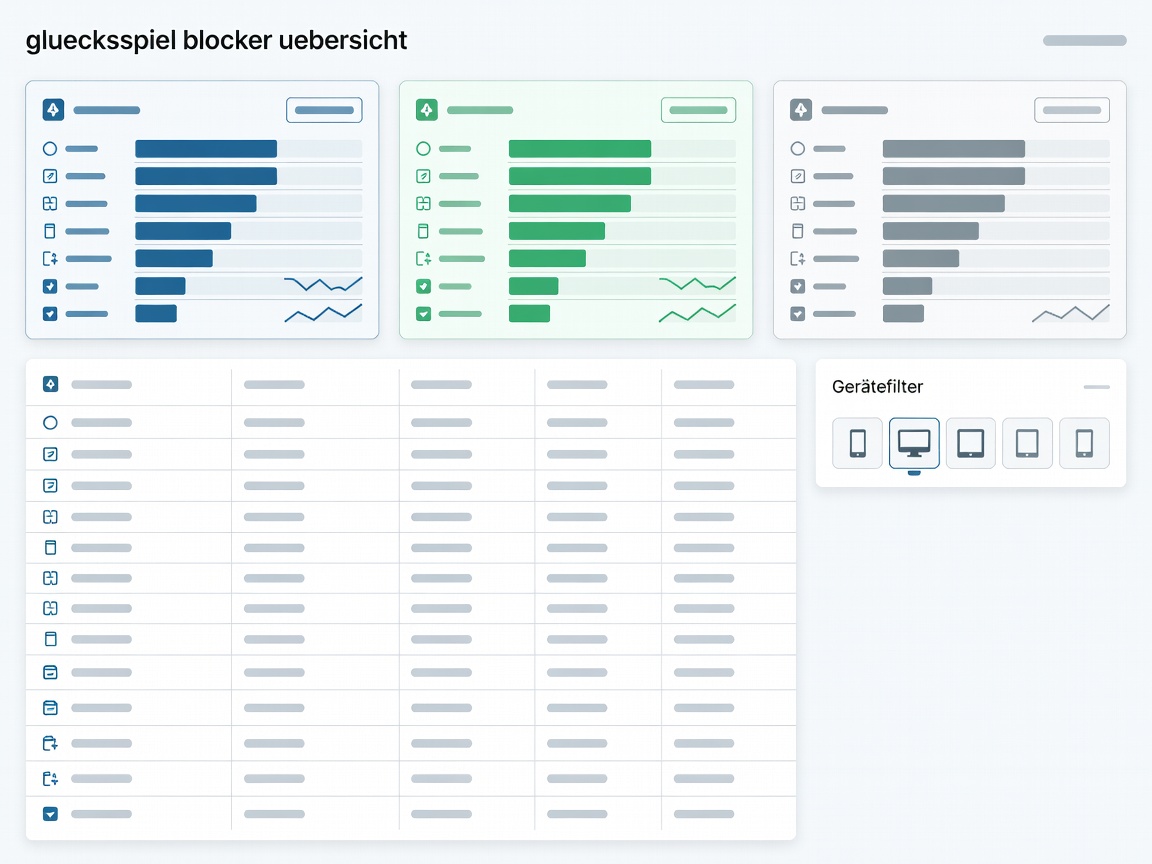 Illustration eines Vergleichs-Dashboards für Glücksspiel-Blocker mit Karten, Tabellen und Gerätefiltern